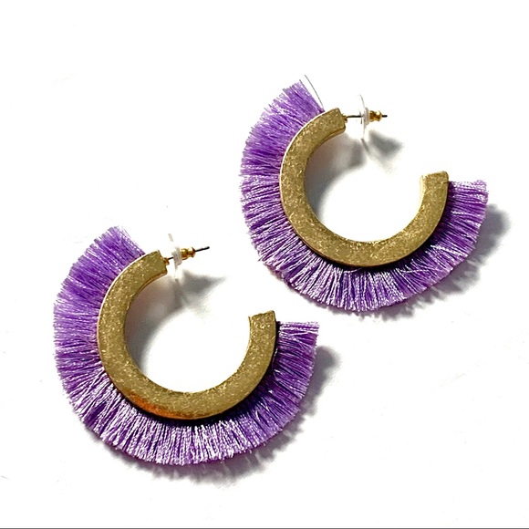 Purple Fringe Matte Gold Hoop Boho Earrings - Picture 3 of 7